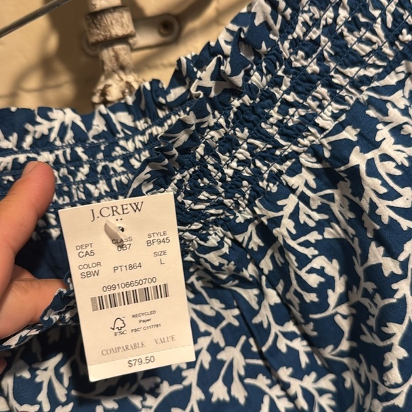 J Crew skirt Blue White Leaf Print lined smocked waist large - Picture 4 of 4